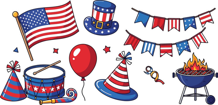 American independence day celebration patriotic symbols with flag bbq and festive decorations