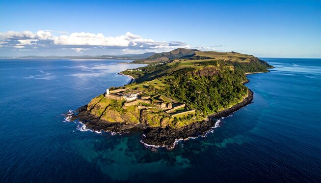 Coastal fortress on a green headland at sunrise