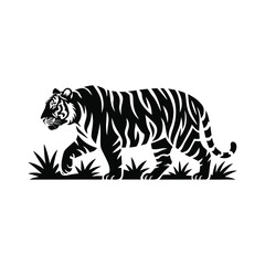 Obraz premium Stippled Black and White Tiger Vector Illustration Walking Through Grass