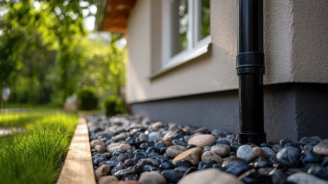 Close up of a black downspout and rock landscaping against a house wall