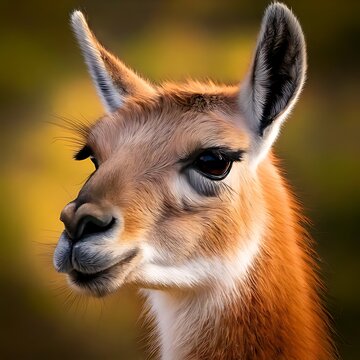 Close-up of a fluffy guanaco face, warm light