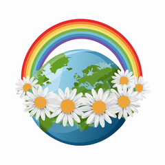 Naklejka premium Earth with Rainbow and Daisy Flowers