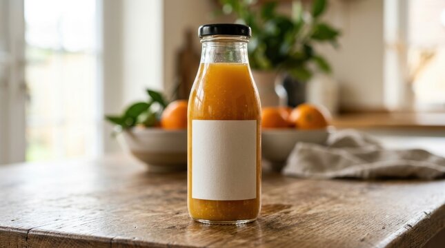 Fresh orange juice glass bottle mockup, blank white label on citrus fruit drink, organic cold pressed juice on rustic wooden kitchen table