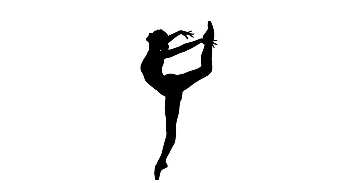 Silhouette of a graceful ballerina performing a stunning arabesque pose on a white background, capturing the essence of ballet