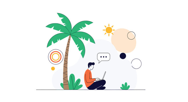 Remote worker sitting on the ground under a palm tree while using a laptop on a sunny beach representing a digital nomad lifestyle.