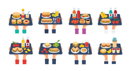 Fototapeta premium Top view of eight different sets of hands holding trays filled with diverse food items including sandwiches, burgers, fruit, and drinks.