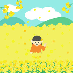Naklejka premium Spring Canola Flower Field with Girl Illustration