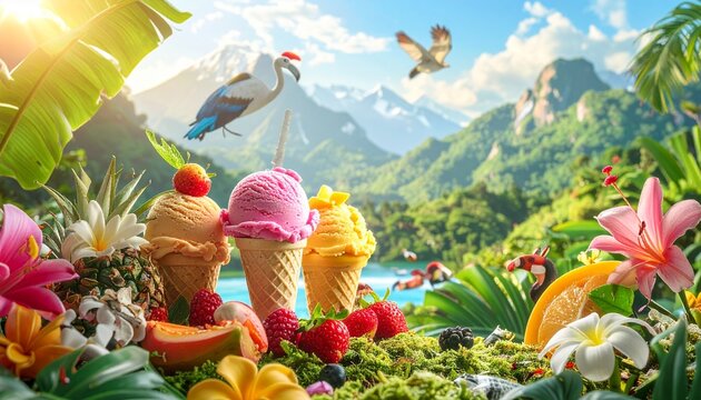 Colorful ice cream cones surrounded by tropical fruits and flowers in paradise