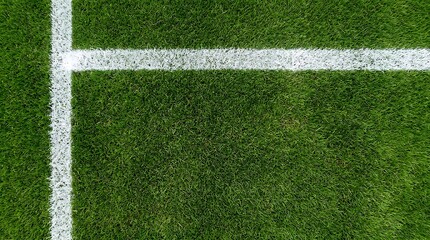 Down view of green soccer pitch grass with white painted boundary lines forming corner intersection for sports field texture and athletic background