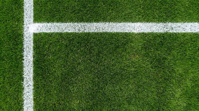 Down view of green soccer pitch grass with white painted boundary lines forming corner intersection for sports field texture and athletic background