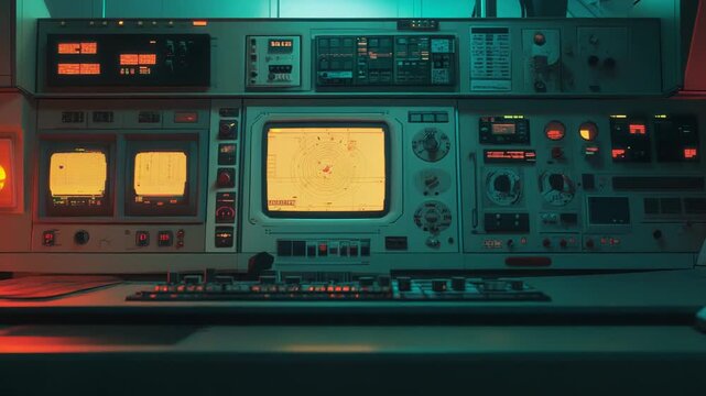 Retro futuristic control panel with screens, dials, buttons and switches in a vintage sci fi command center, bathed in red and green neon for lab or mission use
