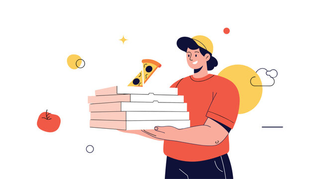 Friendly pizza delivery guy carrying a large stack of pizza boxes with floating slices and ingredients on a white background.