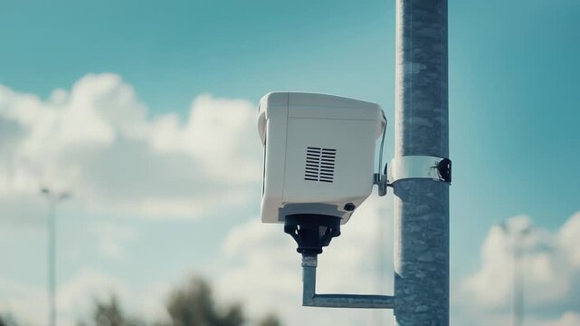 Security camera mounted on a pole provides surveillance and protection, ensuring safety and monitoring activities under a clear sky with scattered clouds