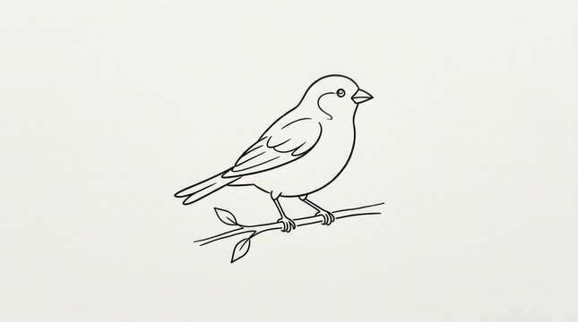 Minimalist line art bird illustration, hand drawn sparrow sketch on branch, simple black ink bird drawing for coloring or logo design