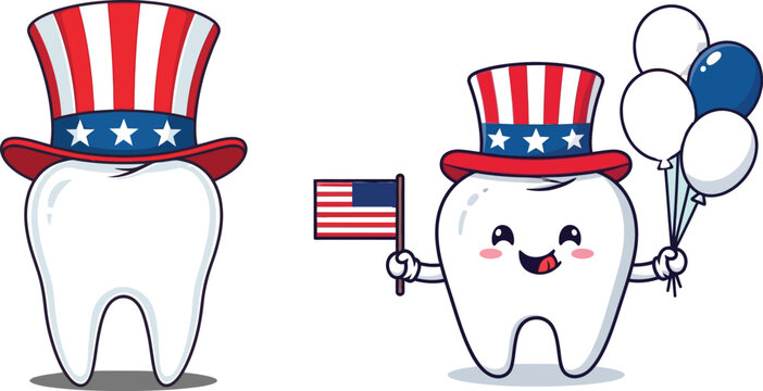 American independence day patriotic tooth cartoon characters with uncle sam hats and usa flags