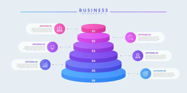 Design template for vector infographic labels with icons and 6 options or steps. Suitable for process diagrams, presentations, workflow layouts, banners, flow charts, and infographics.