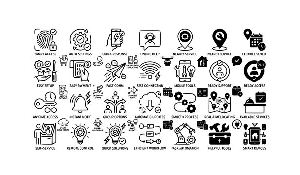 Professional convenience icon mega pack with modern black and white flat symbols