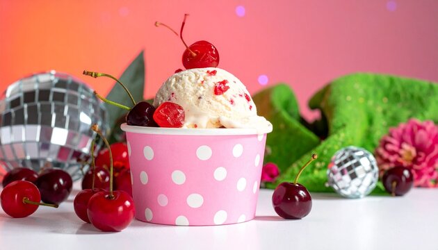 Delicious cherry ice cream in pink polka dot cup with cherries and disco balls