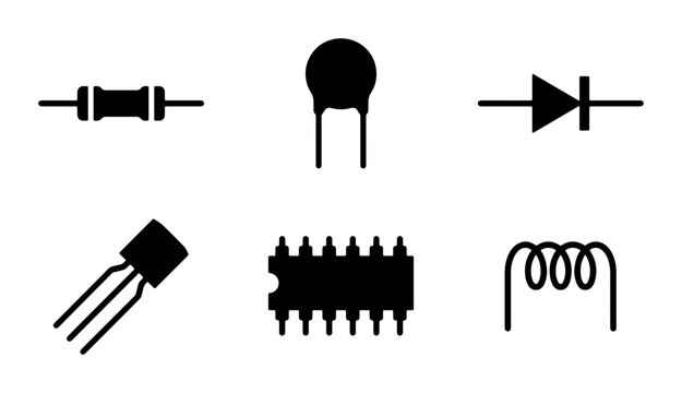 Electronic Components Vector Icons Set: Resistor, Diode, Transistor, IC Chip, Coil, Thermistor Symbols for Circuit Design and Technology Concepts