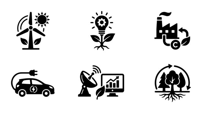 Eco-friendly Technology Icons: Renewable Energy, Electric Car, Sustainable Industry, Green Innovation, Environmental Monitoring, Forest Ecosystems