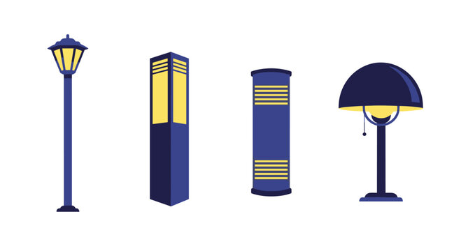 Selection of four different light fixtures including a street lamp two modern bollard lights and a classic table lamp in blue and yellow.