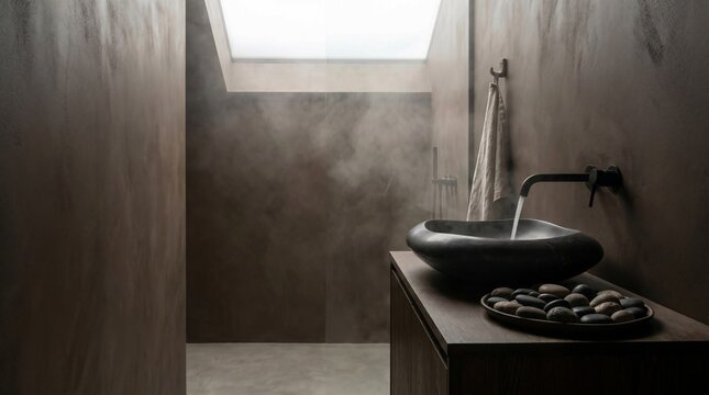 Spa-like bathroom: organic black stone vessel sink, matte black wall faucet, river pebble tray. Textured plaster walls, skylight, soft steam. Sensory luxury.