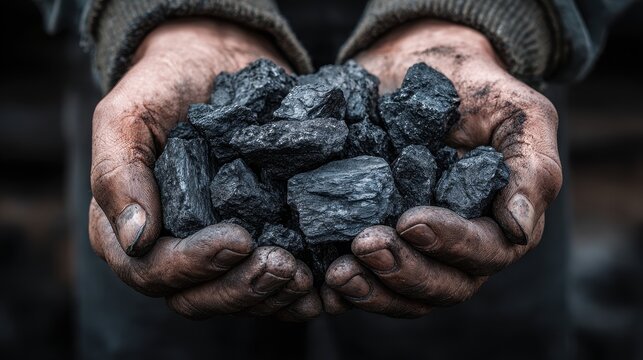 Coal miner holding raw coal in dirty hands