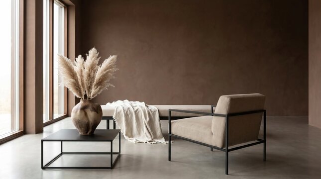 A minimalist interior in warm earthy tones: metal-framed armchair, black coffee table with a rustic vase of pampas grass, cream throw. Concrete floor, mocha walls, tall windows.