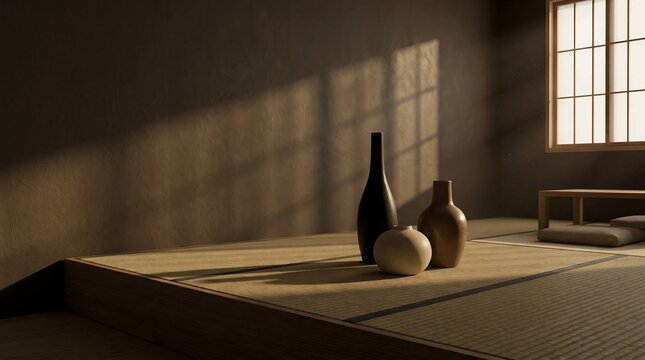 Japanese tatami room with three ceramic vases in black and terracotta. Shoji grid window casts long graphic shadows across warm textured walls.