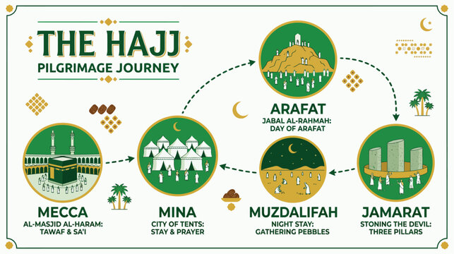 Hajj Pilgrimage Journey Infographic Illustrating Steps from Mecca Al-Masjid Al-Haram to Mina Arafat Muzdalifah and Jamarat