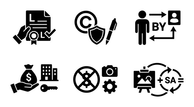 Intellectual Property Icons Set: Copyright, Licensing, Ownership, Creative Commons, Royalty-Free, Legal Protection, Business Assets