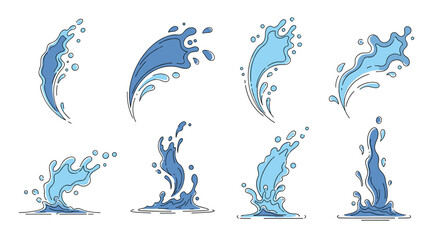 Fototapeta premium Diverse set of blue water splash icons showing different shapes of waves and liquid droplets for graphic design and motion elements.