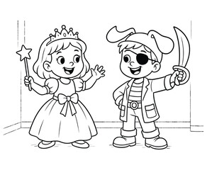 Kids in costume princess and pirate boy with sword and eye patch line art.