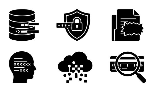 Cybersecurity Icons Set: Data Protection, Secure Login, Privacy, Cloud Security, Magnifying Glass Analysis, Vector Graphics for Digital Safety and Information Technology