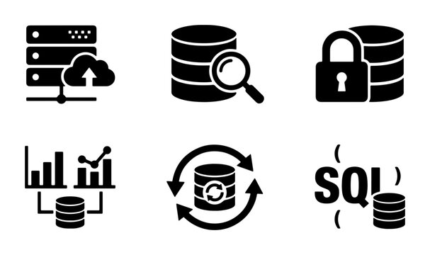 Database Icons Set: Cloud Storage, Search, Security, Analytics, Backup, SQL. Vector Graphics for Data Management and Technology Concepts.