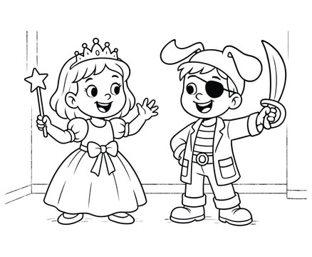 Kids in costume princess and pirate boy with sword and eye patch line art.