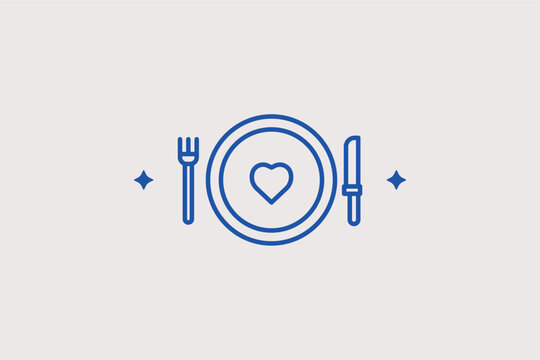 Plate with heart and cutlery line icon for healthy eating habits and charity meal programs. Kind vector illustration for community kitchen banners and nutritionist websites.