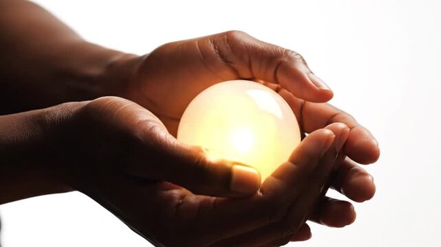 Caring hands holding glowing light sphere on white background healing concept banner