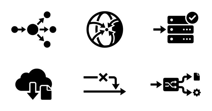 Network Connection Icons, Data Flow Symbols, Server Management Graphics, Cloud Download Icons, System Logic Diagrams, IT Infrastructure Vector Set