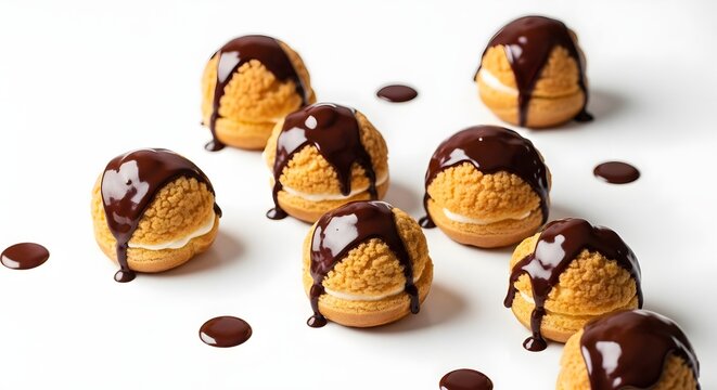 Delicious cream puffs with chocolate ganache topping isolated on white background