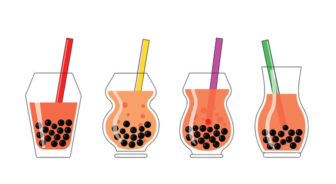 Collection of various bubble tea drinks in different shaped glasses with colorful straws and black tapioca pearls on a white background.