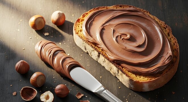 Hazelnut chocolate spread on a slice of toasted bread with whole hazelnuts