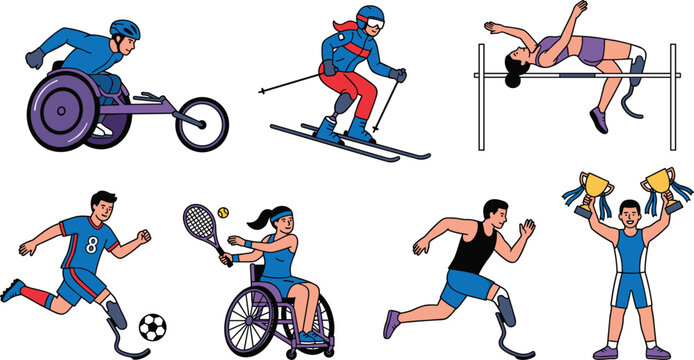 Adaptive Sports Athletes in Action, Featuring Wheelchair Racing, Skiing, Tennis, Running, and Victory Poses with Trophies