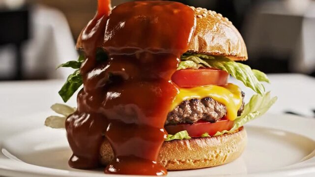 Juicy gourmet cheeseburger generously smothered with rich, tangy red sauce, featuring fresh lettuce and ripe tomatoes on a toasted bun, presented on a pristine white plate