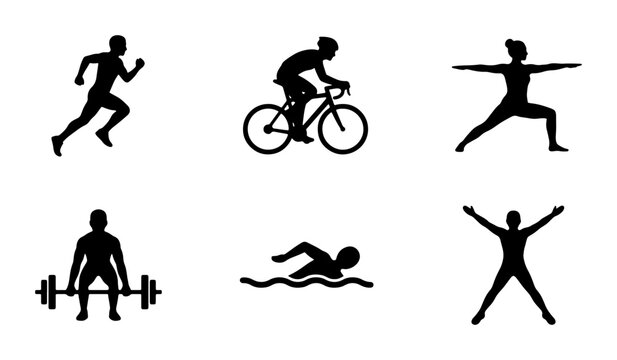 Fitness Icons Set: Running, Cycling, Yoga, Weightlifting, Swimming, Jumping Jacks, Silhouette Vector Graphics for Health and Sports Concepts
