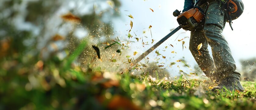 Man using leaf blower to clean garden area.