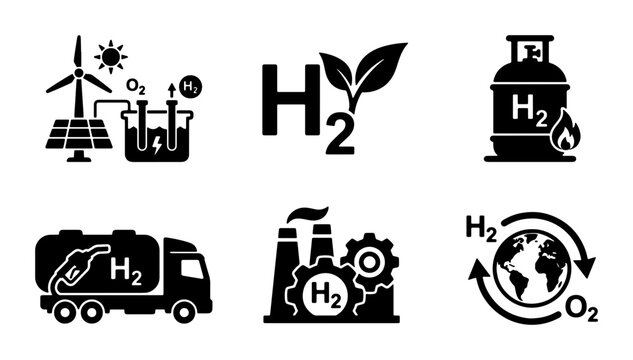 Hydrogen Energy Icons Set: Renewable Power, Fuel Production, Storage, Transport, Industry, and Global Cycle Concepts