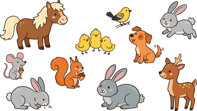 Adorable Farm and Woodland Animal Vector Collection Featuring Horse, Deer, Rabbit, Squirrel, Dog, and Cute Chicks for Children's Educational Books and Nursery Wall Art
