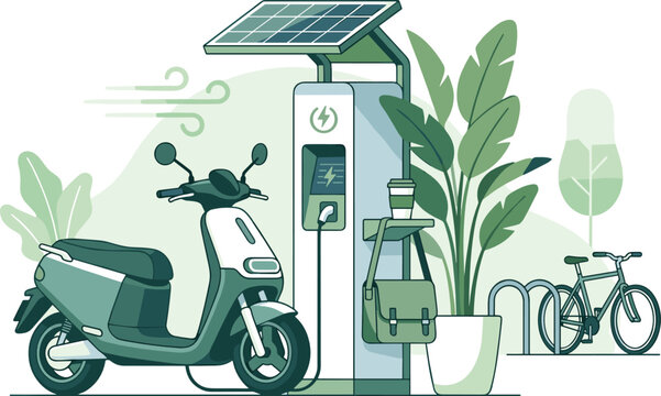 Eco Friendly Electric Scooter Charging at Solar Powered Station with Green Energy Infrastructure for Sustainable Urban Mobility and Modern Micro Transportation Technology Vector