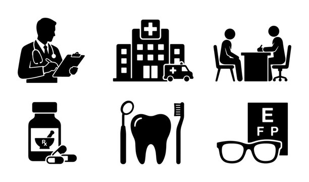 Medical Icons Set: Doctor, Hospital, Pharmacy, Dentistry, Vision Care, Patient Consultation, Vector Graphics for Healthcare and Wellness